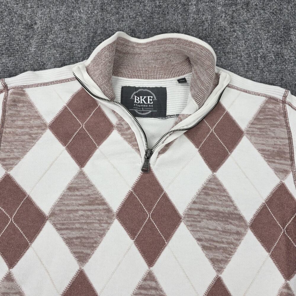 BKE Sweater Mens Large White Brown Argyle 1/4 Zip Mock Neck Cotton Knit Pullover - Picture 9 of 16